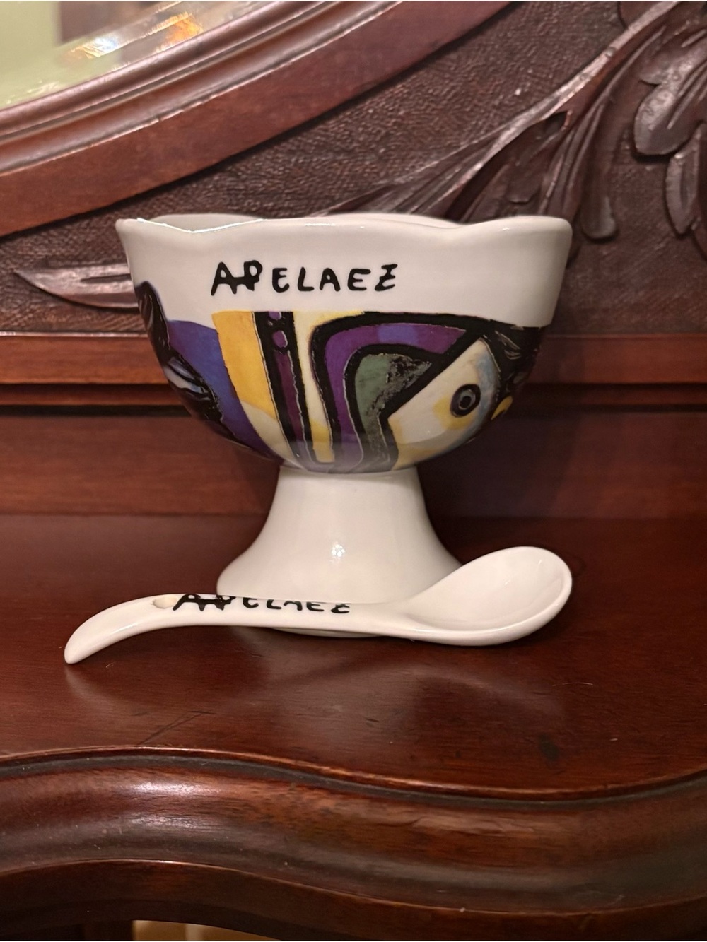 Hand-Painted Ceramic Egg Cup & Spoon with Purple, Yellow, Green Accents